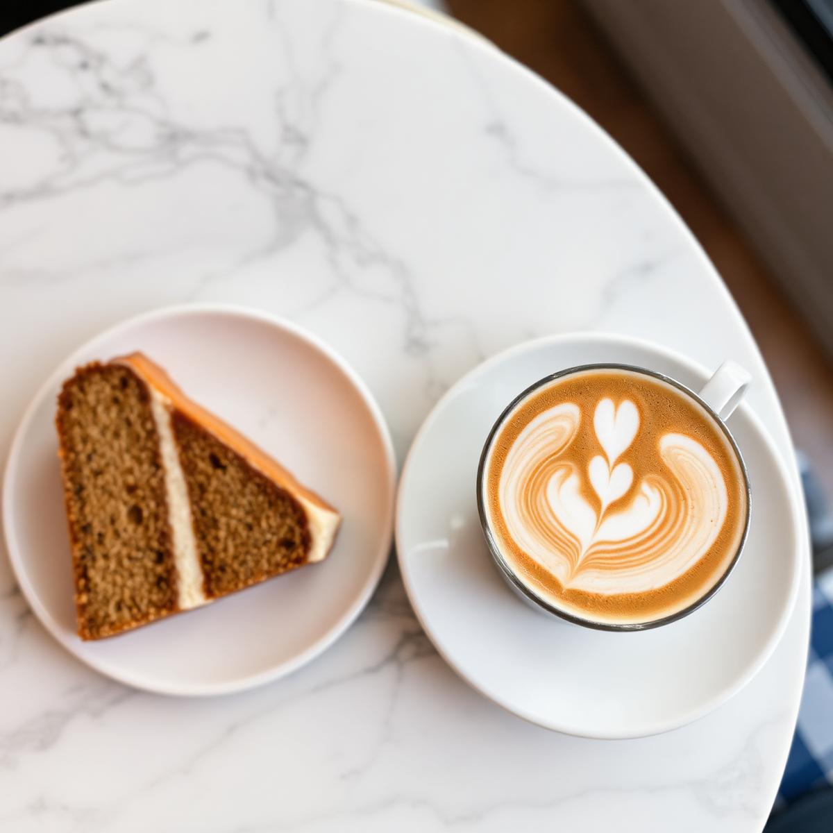 Flat White mit Latte Art neben einem Stück Kuchen