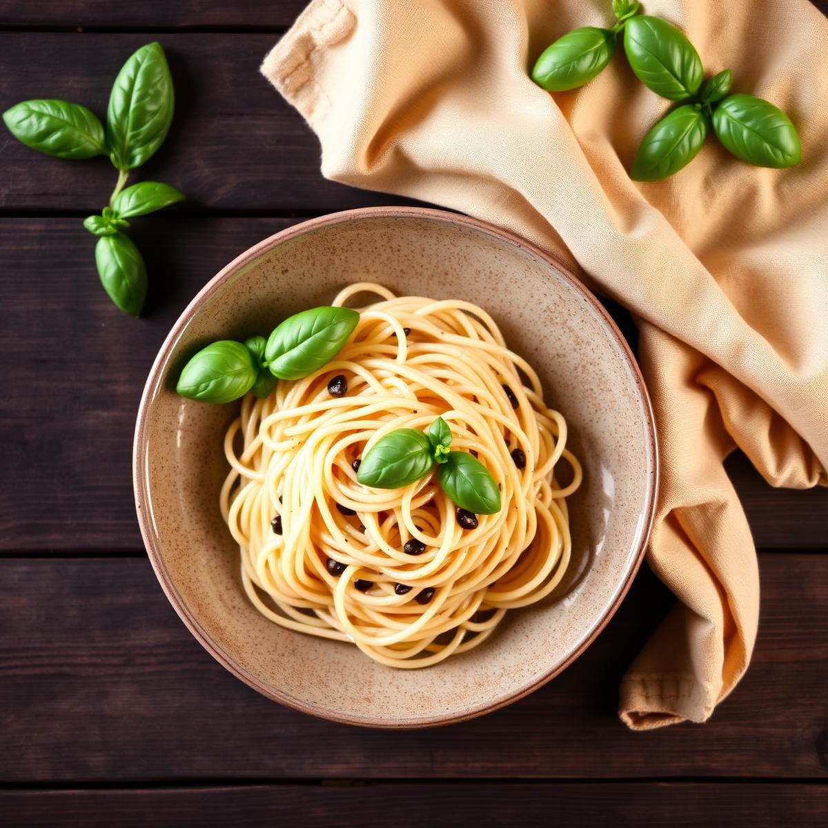 Frisch zubereitete Pasta mit Basilikum