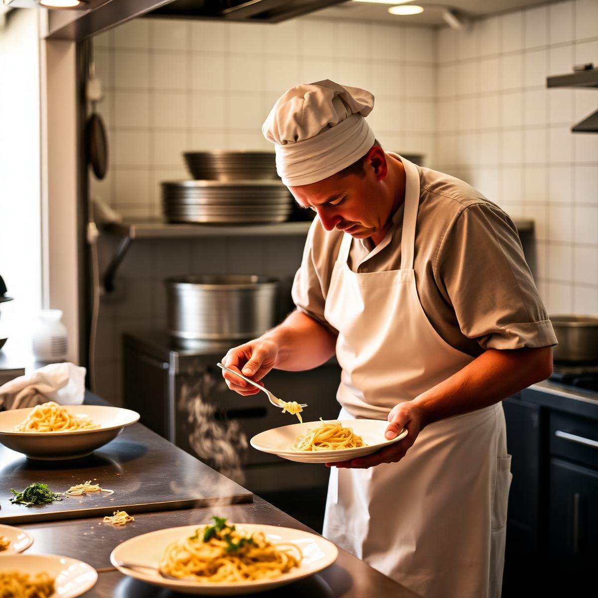 Küchenchef richtet frische Pasta an