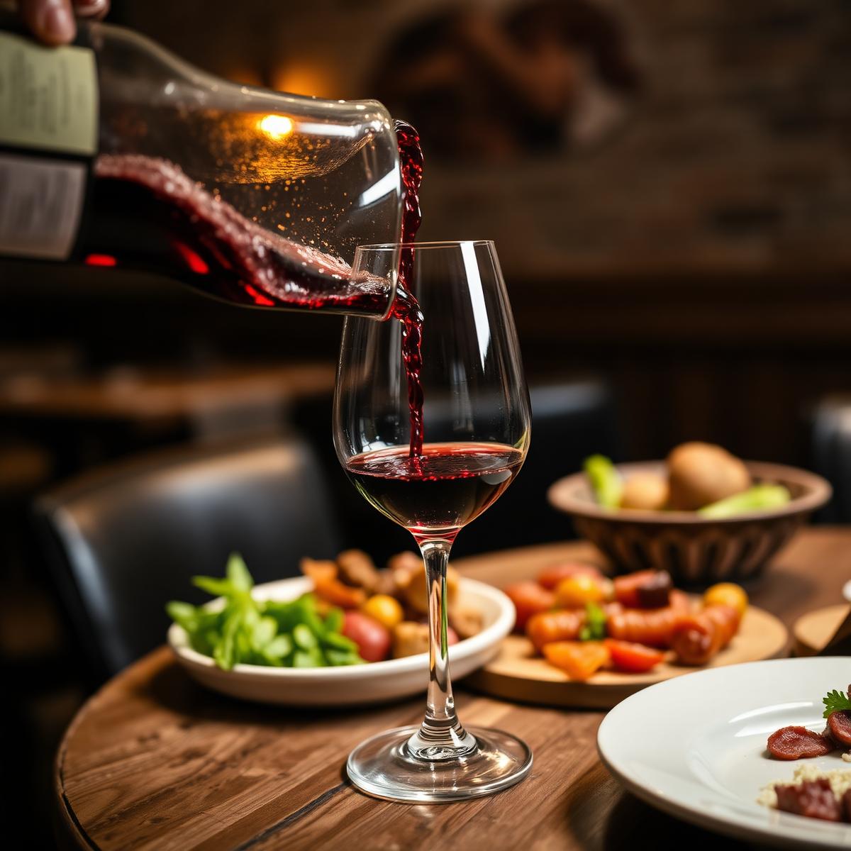 Rotwein wird am Tisch eingeschenkt